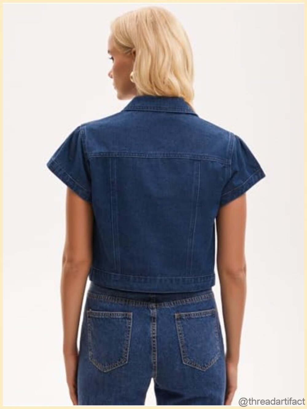 Cropped Denim Jacket Cap Puff Sleeve Button Down Jean Women's - Picture 3 of 5
